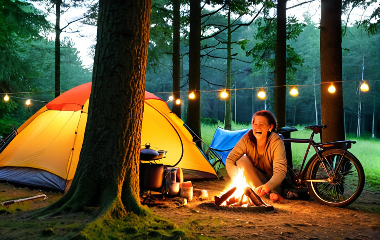 **
Prompt: "A cozy Dutch campsite scene at sunset. A small tent is nestled among trees with fairy lights. A bicycle leans against a tree. In the foreground, a couple is preparing a simple meal on a camping stove, laughing. The atmosphere is relaxed and inviting, highlighting the affordability and enjoyment of camping in the Netherlands. 'Kamperen in Nederland' in a subtle banner."
**