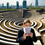 A diverse expat stands at the entrance of a dense, winding labyrinth constructed from various Dutch tax forms and financial documents. They appear slightly overwhelmed and confused, holding a magnifying glass or struggling with a pile of papers. In the background, a subtle, stylized Dutch skyline suggests the location. The overall atmosphere conveys the complexity and challenge of navigating the "Dutch tax jungle" for newcomers.