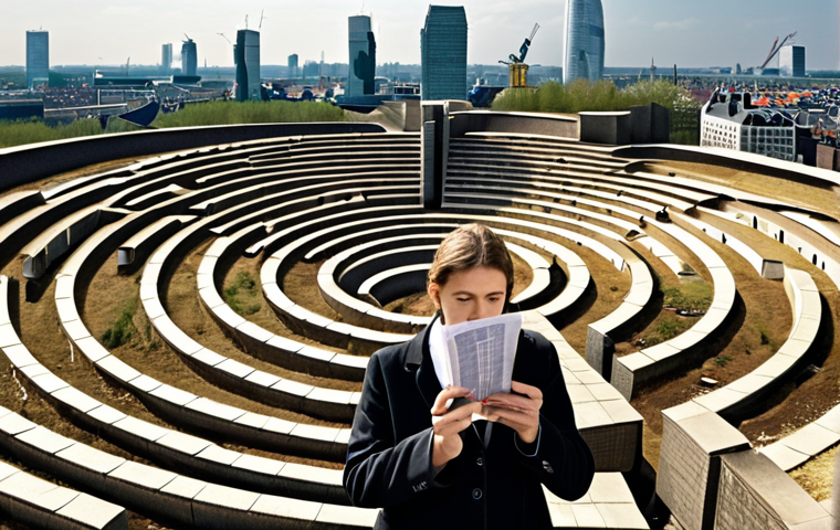 A diverse expat stands at the entrance of a dense, winding labyrinth constructed from various Dutch tax forms and financial documents. They appear slightly overwhelmed and confused, holding a magnifying glass or struggling with a pile of papers. In the background, a subtle, stylized Dutch skyline suggests the location. The overall atmosphere conveys the complexity and challenge of navigating the "Dutch tax jungle" for newcomers.