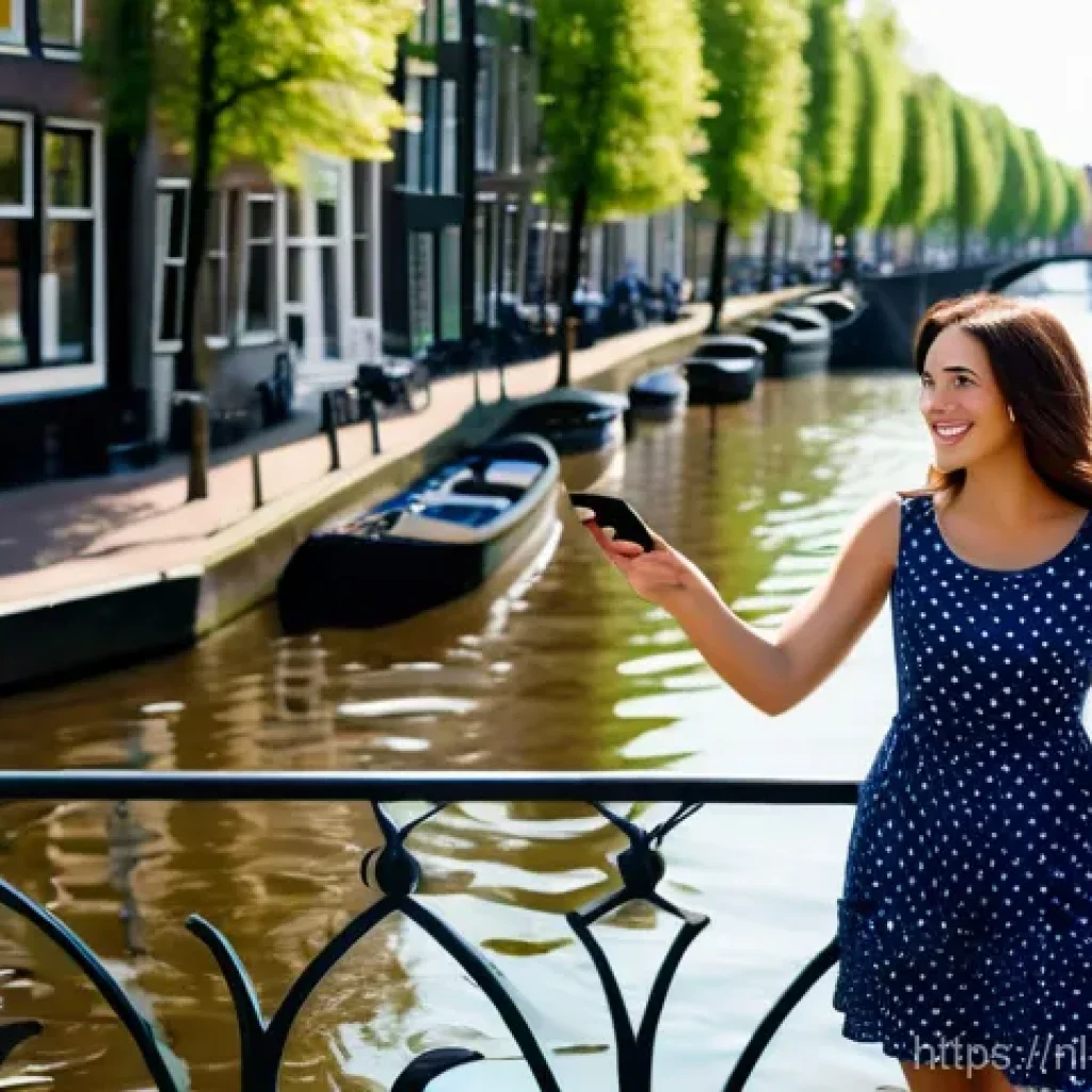해외에서 모바일 요금제 선택하기 - A happy young adult traveler (mid-20s, female, wearing a stylish but modest summer dress that covers...