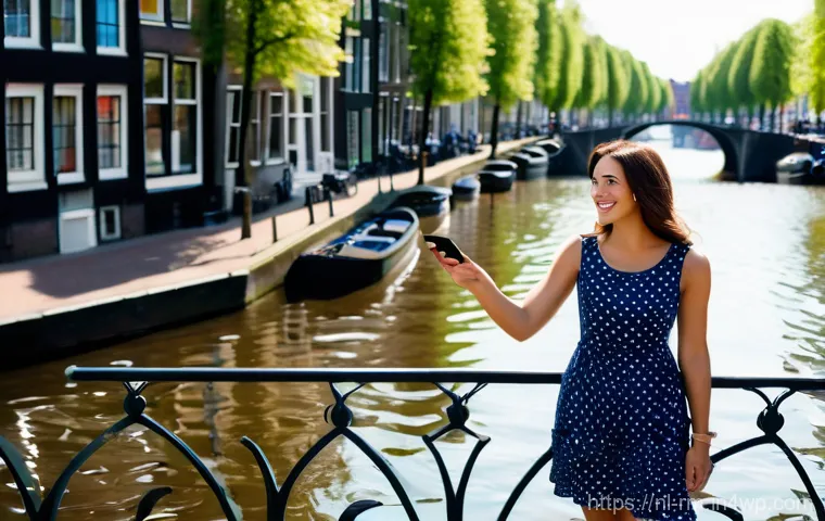 해외에서 모바일 요금제 선택하기 - A happy young adult traveler (mid-20s, female, wearing a stylish but modest summer dress that covers...