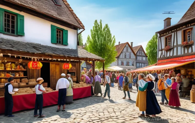 해외에서의 문화 행사 참여하기 - **Vibrant European Village Festival:**
    A bustling and joyous scene capturing an authentic villag...