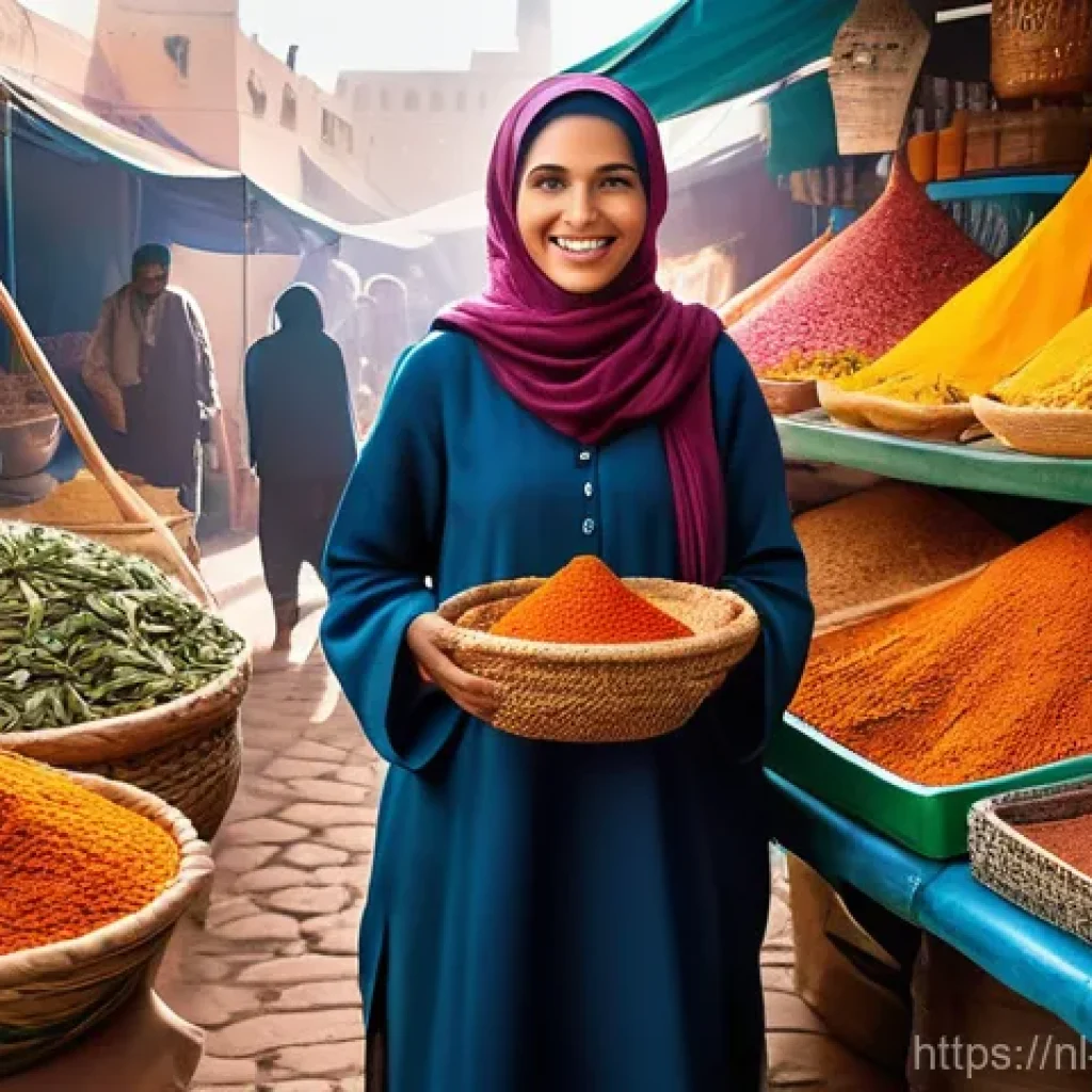 해외에서의 음식 문화 적응 방법 - **Vibrant Moroccan Market Scene**
A wide shot of a bustling, colorful Moroccan spice market. The...