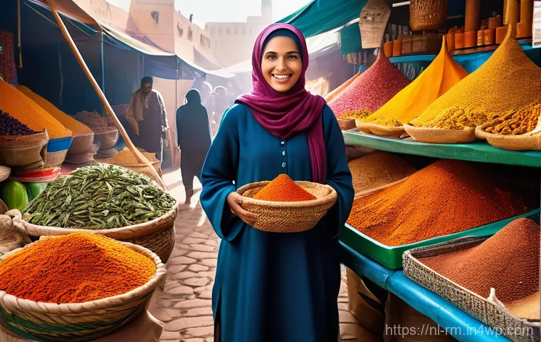 해외에서의 음식 문화 적응 방법 - **Vibrant Moroccan Market Scene**
    A wide shot of a bustling, colorful Moroccan spice market. The...