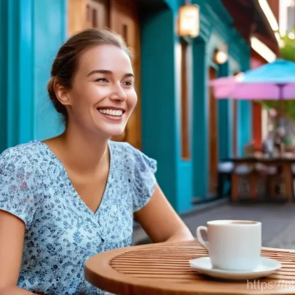 해외에서의 통신비 절약 팁 - A cheerful Dutch woman, in her late 20s, is sitting at a charming outdoor café in a vibrant, non-Eur...
