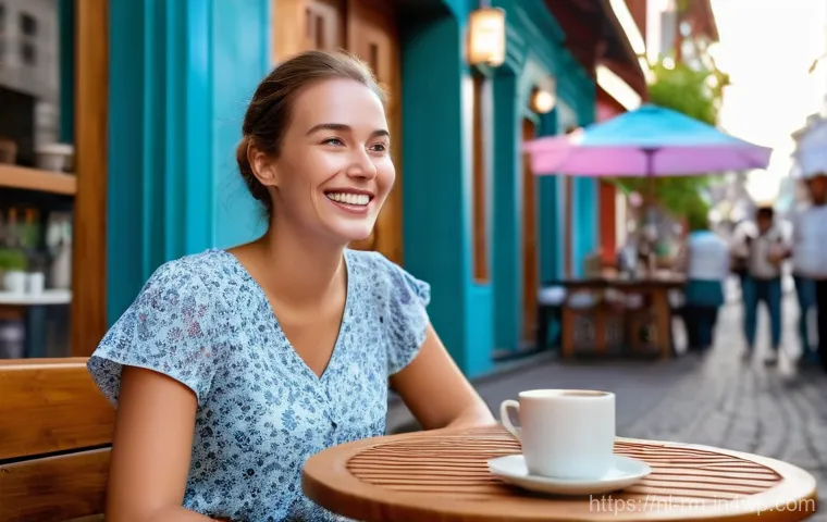 해외에서의 통신비 절약 팁 - A cheerful Dutch woman, in her late 20s, is sitting at a charming outdoor café in a vibrant, non-Eur...