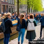 해외 생활에서의 커뮤니티 참여 방법 - A lively neighborhood street festival in Amsterdam during the day, featuring diverse groups of peopl...