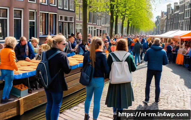 해외 생활에서의 커뮤니티 참여 방법 - A lively neighborhood street festival in Amsterdam during the day, featuring diverse groups of peopl...
