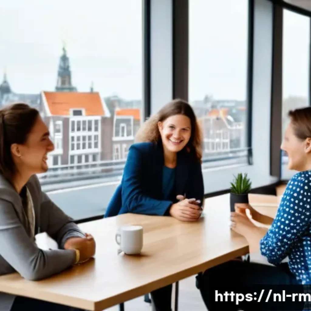 해외 취업 후 직무 적응 전략 - A modern Dutch office scene showing diverse international colleagues engaged in a casual coffee brea...