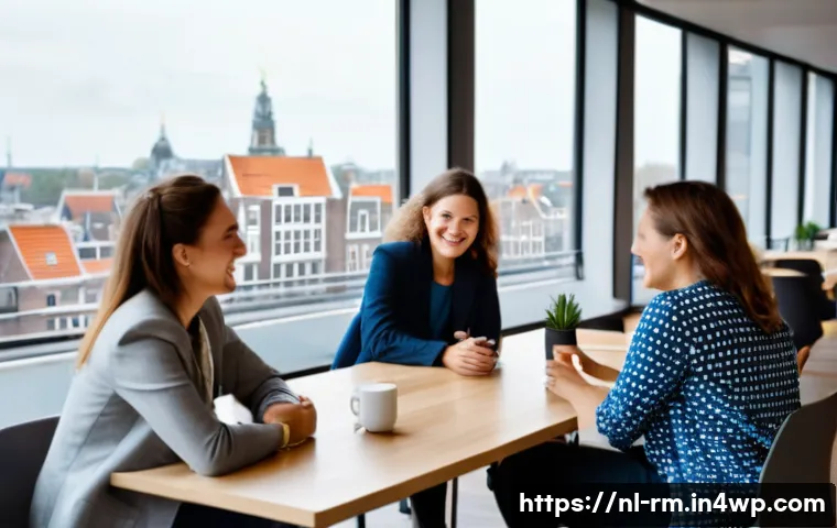 해외 취업 후 직무 적응 전략 - A modern Dutch office scene showing diverse international colleagues engaged in a casual coffee brea...