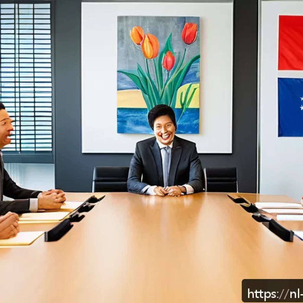 해외에서의 비즈니스 문화 이해하기 - A professional international business meeting scene showing a diverse group of people from the Nethe...