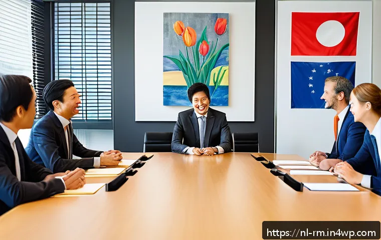 해외에서의 비즈니스 문화 이해하기 - A professional international business meeting scene showing a diverse group of people from the Nethe...
