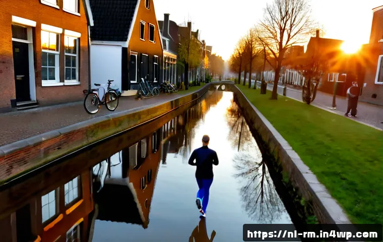 Home 17 해외에서의 매일 운동하는 방법 - Photorealistic early morning in a Dutch city, a cheerful adult in modest athletic clothing jogging b...