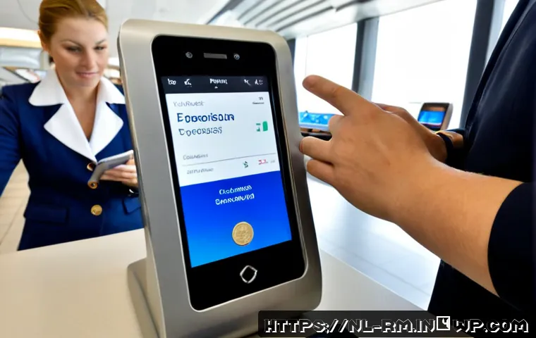 Home 17 해외에서의 서비스 이용 시 주의사항 - Photorealistic Dutch traveler at an airport service counter abroad, carefully comparing a smartphone...